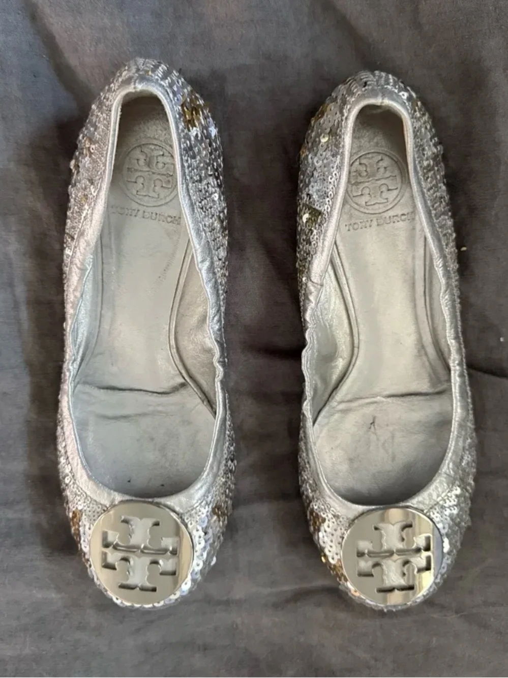 Tory Burch Silver Sequin Reva Logo Ballet Flats